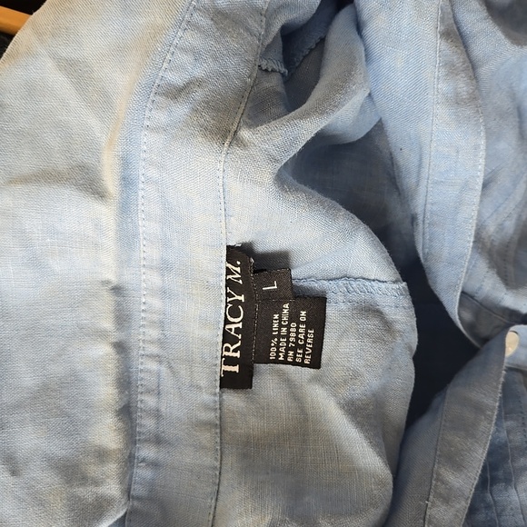 Tracy M. 100% Linen Button Down Light Blue Shirt 3/4 Sleeves Size L - Picture 7 of 7